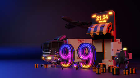 E-commerce concept. 9.9 Neon light glow online shopping. 3d renderingの写真素材