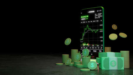 Cryptocurrency trading or bitcoin on smartphone and growth Stock exchange data information...