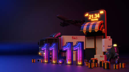 E-commerce concept., 11.11 Neon light glow online shopping. 3d rendering.の写真素材