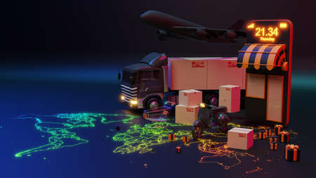 3D Delivery truck loaded with a cardboard box and smartphone with World map pointer. Delivery and shipping service concept.の写真素材
