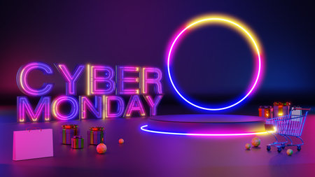 3d Cyber Monday Neon light glow podium.の写真素材