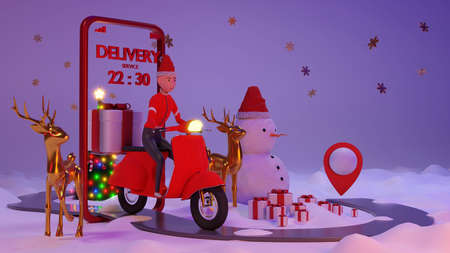 Cute Delivery staff on santa suit Take the parcel. 3D rendering. 3D Character.の写真素材