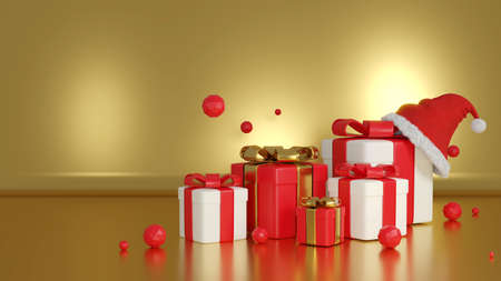 3d rendering gift box and santa hat on gold background, christmas and happy new year.