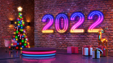 Merry Ð¡hristmas and Happy New Year 2022 . Abstract minimal design, Neon light Christmas trees,...