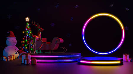 Merry Ð¡hristmas and Happy New Year. Abstract minimal design, Neon light Christmas trees, gift box, empty round Realistic stage, podium. 3d rendering.の写真素材