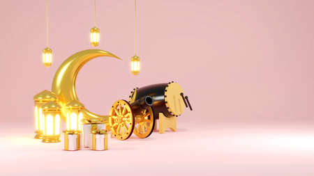 Islamic product display mock up. Podium, crescent moon, lantern, gift box. Ramadan, Islamic New...