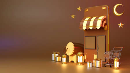 Online shopping Ramadan Kareem background by smartphone, 3d rendering.