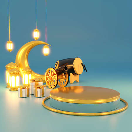 Islamic product display mock up. Podium, crescent moon, lantern, gift box. Ramadan, Islamic New Year. 3D rendering.の写真素材