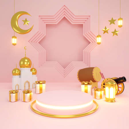 Islamic product display mock up. Podium, crescent moon, lantern, gift box. Ramadan, Islamic New Year. 3D rendering.の写真素材