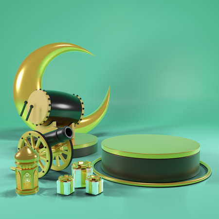 Islamic product display mock up. Podium, crescent moon, lantern, gift box. Ramadan, Islamic New Year. 3D rendering.の写真素材