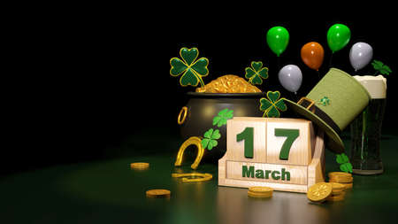 Happy St. Patrick's Day greeting Podium, beer glass and green hat on bright green background. 3d...