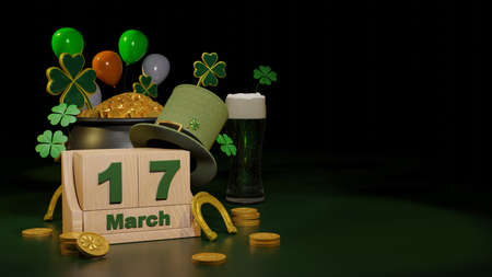 4Clover with four leafs coin.,  st patrick's day symbol 3d render., clipping paht