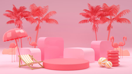3d rendering box podium palm leaves with summer background.の写真素材