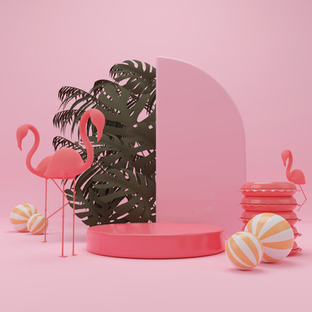 3d rendering box podium palm leaves with summer background.の写真素材