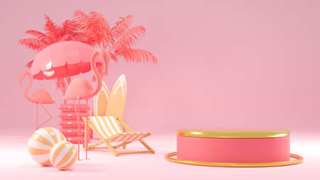 3d rendering box podium palm leaves with summer background.の写真素材