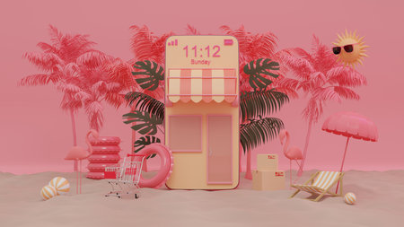 3d rendering box podium palm leaves with summer background.