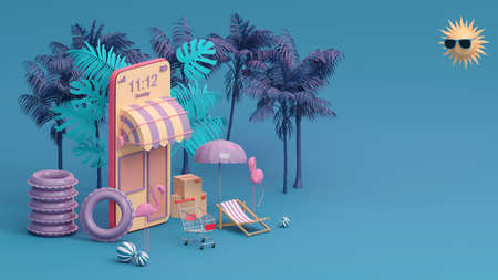 3d rendering box podium palm leaves with summer background.の写真素材