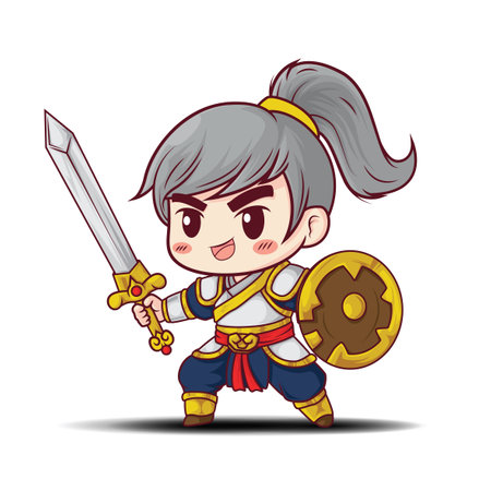 Cute Chinese Warrior Character., vector shibi cartoon.のイラスト素材