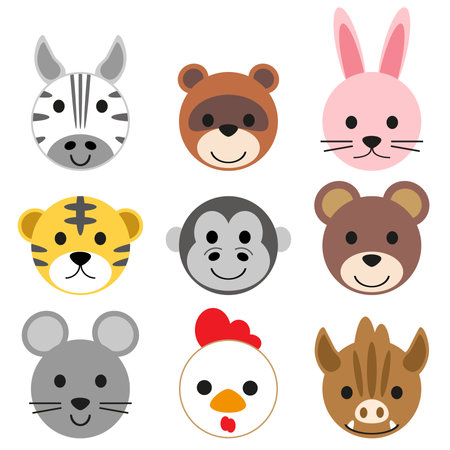 Animals faces. Vector set of cute cartoon animals. Illustrationのイラスト素材