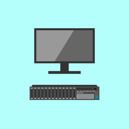 Computer monitor and server isolated on blue background. Flat vector illustration.のイラスト素材