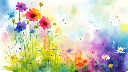 Watercolor summer meadow with colorful flowers. Colorful floral backgroundの素材