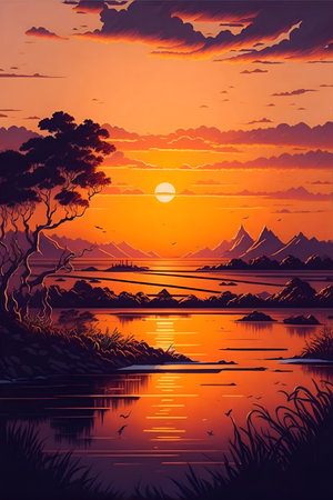 Beautiful sunset over the lake. Nature landscape. AI generated illustration.の素材