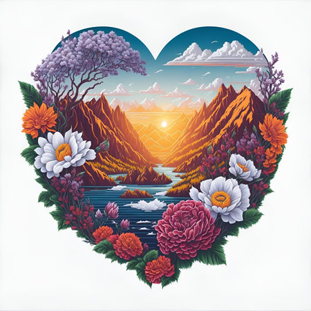Colorful illustration of a heart-shaped landscape with mountains and flowers.の素材
