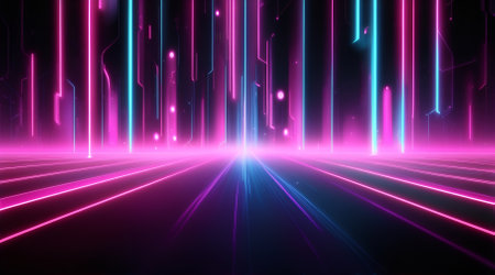 3D abstract background with neon lights and rays. Neon lines, stripes, bokeh. 3d illustrationの素材