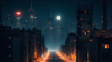 Night view of the city and the road to the moon. 3d illustrationの素材