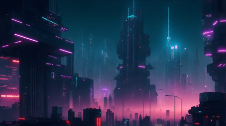 Futuristic city at night with neon lights. 3d illustrationの素材