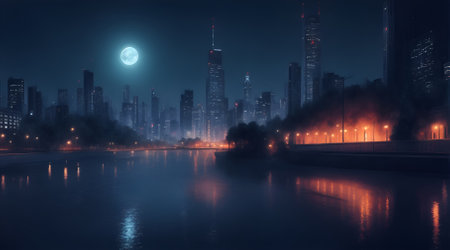 Night view of the city by the river with a full moon.の素材
