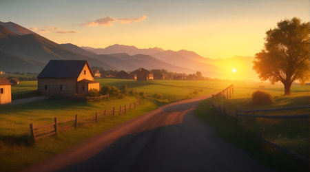 Sunset over a rural road leading to a farmhouse in the mountainsの素材