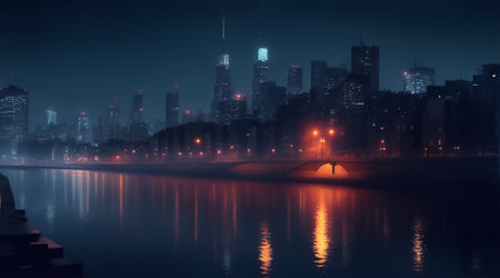 Night view of a cityscape with a riverの素材