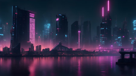 Futuristic city at night, 3d illustrationの素材
