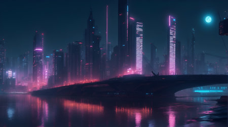 Foggy night in the city, 3d illustration.の素材