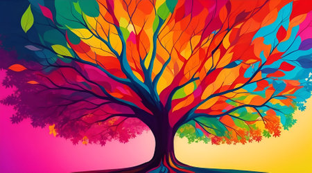 Autumn tree with colorful leaves on colorful background illustration.の素材