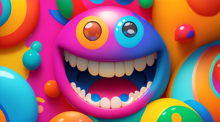 Funny cartoon monster. 3d illustration. Colorful background.の素材