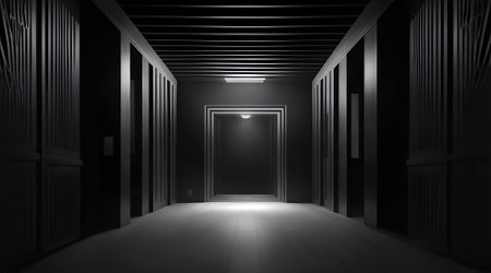Futuristic black corridor with lights and shadows. 3D backgroundの素材