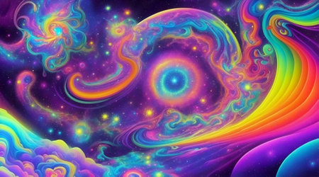 Abstract space background. Colorful universe with planets and stars. 3d illustrationの素材