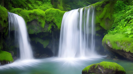 Beautiful waterfall in the forest with green moss and clear water.の素材