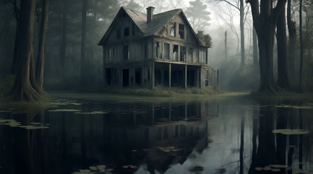 Old house in the misty forest, 3d illustration.の素材