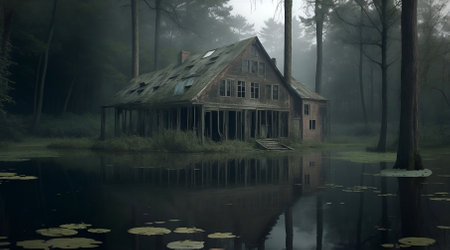 Abandoned house on the lake in the misty forest.の素材