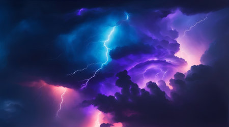 Thunderstorm with lightning in the sky. Abstract background.の素材