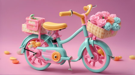 A hyper-realistic depiction of kawaii miniature bicycles on a pink background.の素材