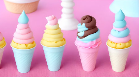 Colorful ice creams in cones on pink background, closeupの素材