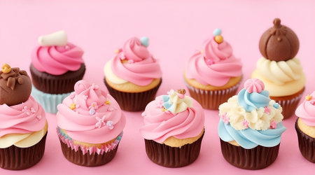 Cupcakes with buttercream frosting on pink background, closeupの素材