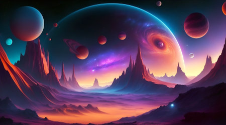 Fantasy alien planet. Mountain and nebula. 3D illustrationの素材