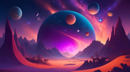 Fantasy alien planet. Mountain and nebula. 3D illustrationの素材
