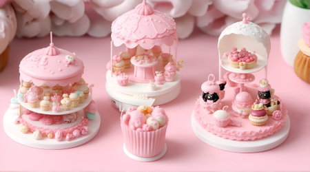 Decorated birthday cakes on pink background, closeup. Celebration conceptの素材