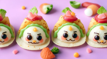 creative food for kids on violet background, funny face made of tacosの素材